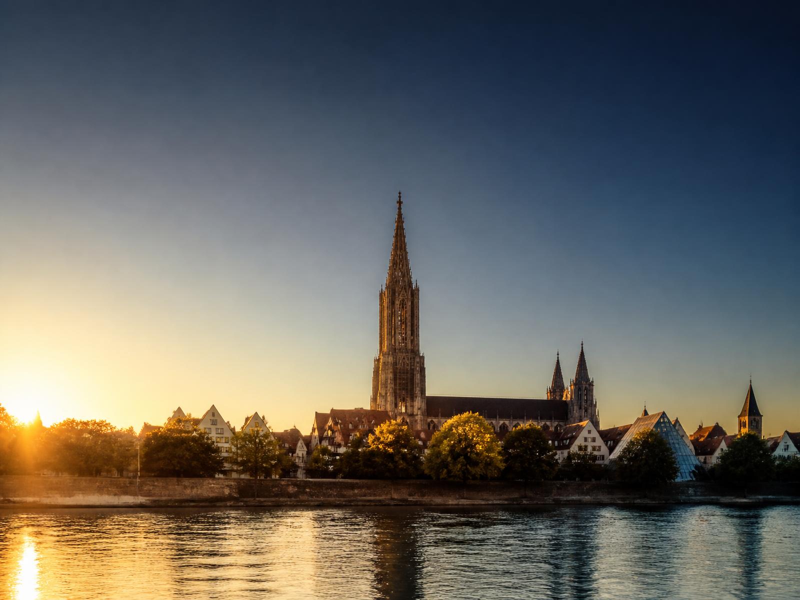 Ulmer Münster bei Sonnenuntergang über der Donau